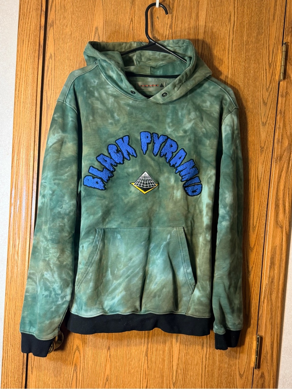 Black Pyramid Green Tie-Dye Hoodie with Blue Chenille Logo